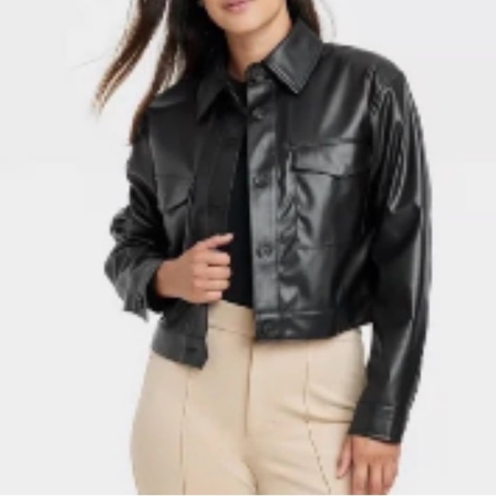a new day Black Faux Leather Cropped Cargo Jacket - Picture 1 of 10